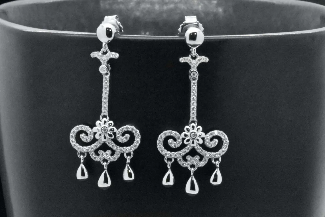 Sterling Silver Vintage Style Chandelier Simulated Diamonds Dangle Earrings