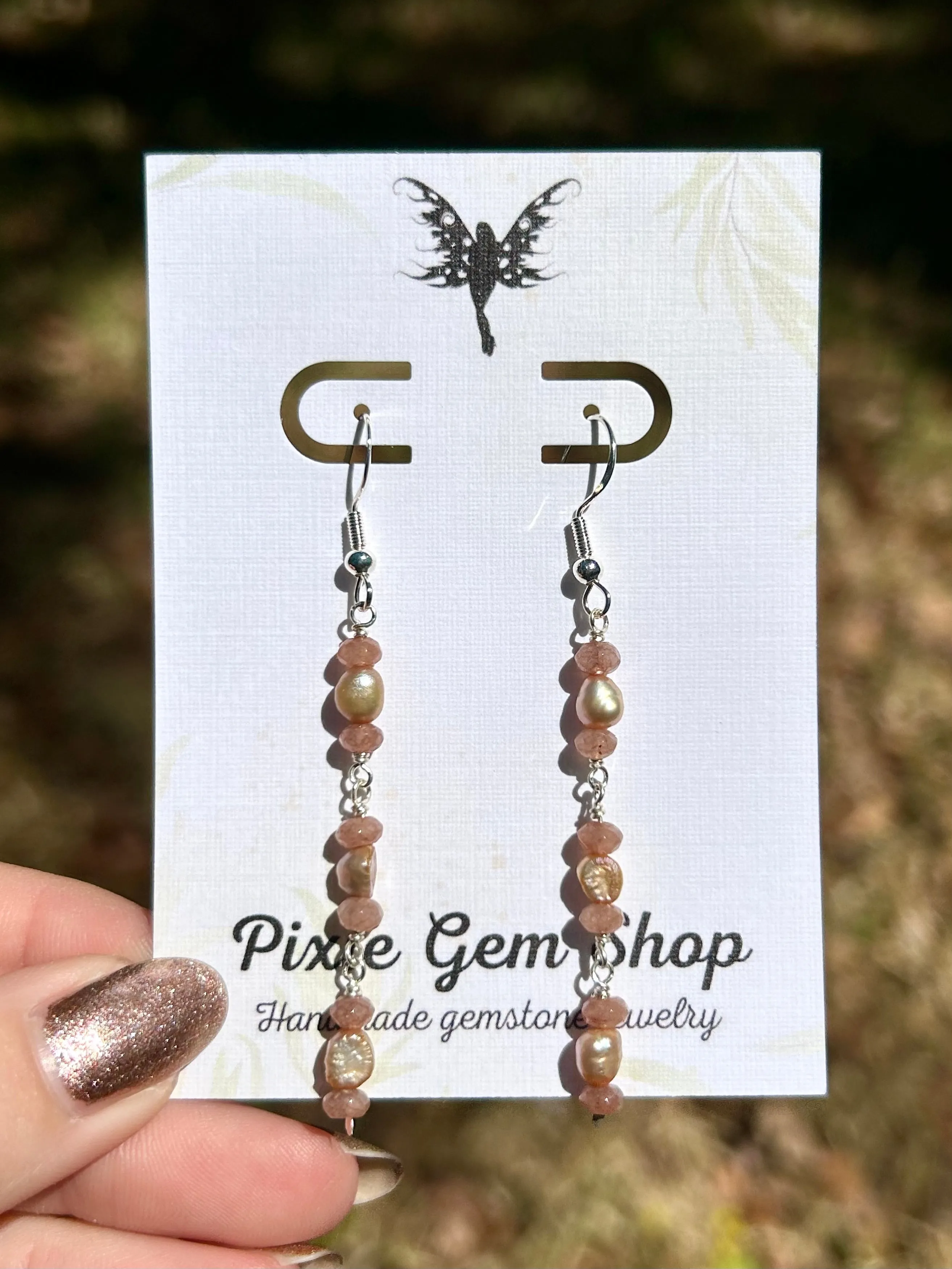 Strawberry Quartz & Freshwater Pearls Gemstone Chain Sterling Silver Dangly Earrings