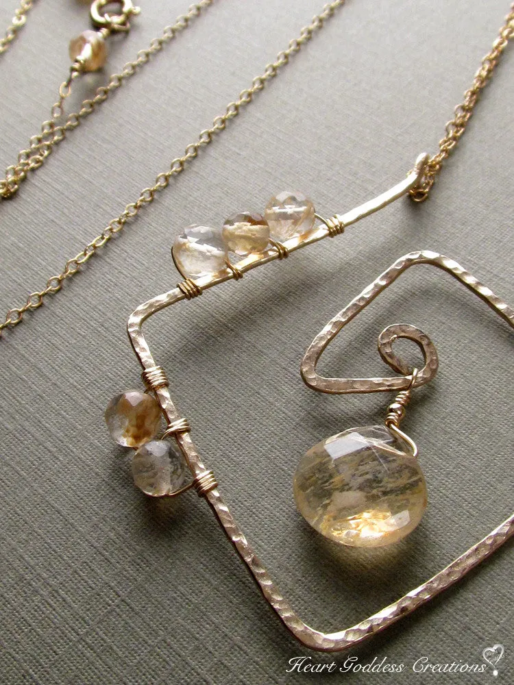 The Long Hammered Gold Egyptian Chain Necklace With Rutilated Quartz