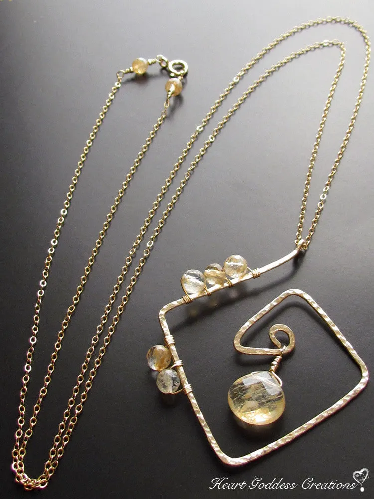 The Long Hammered Gold Egyptian Chain Necklace With Rutilated Quartz