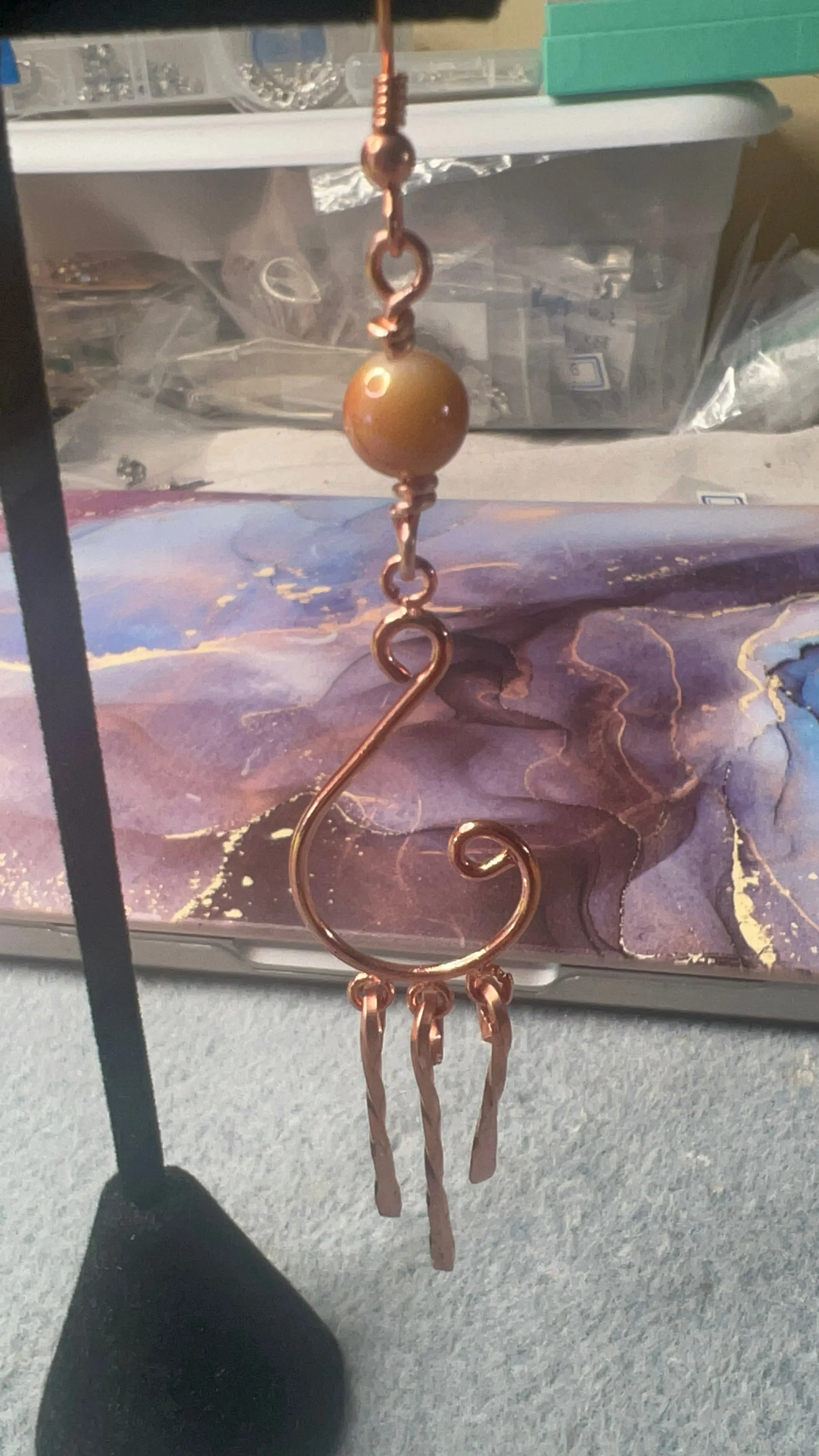 Twisted Copper with champaign colored bead and flattened end dangles Mismatched Chandelier Earrings