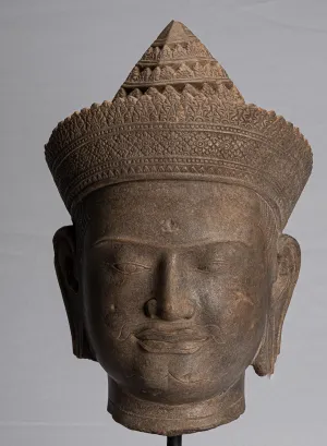 Vishnu Statue - Antique Banteay Srei Style Stone Mounted Khmer Vishnu Head - 57cm / 23"
