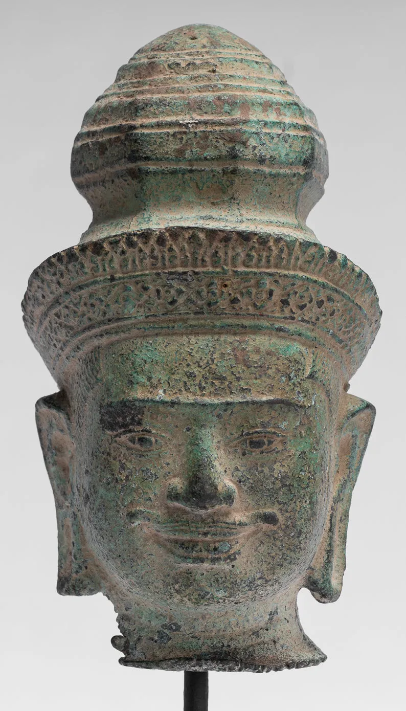 Vishnu Statue - Antique Preah-Ko Style Bronze Vishnu Head - Protector & Preserver - 21cm/8"