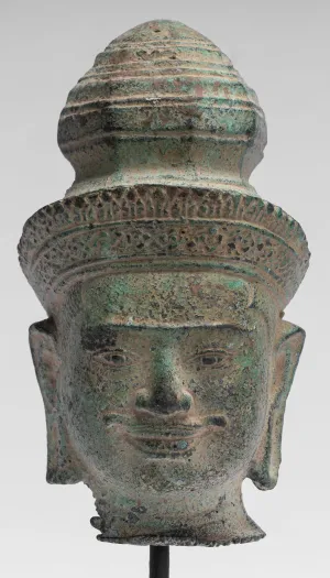 Vishnu Statue - Antique Preah-Ko Style Bronze Vishnu Head - Protector & Preserver - 21cm/8"