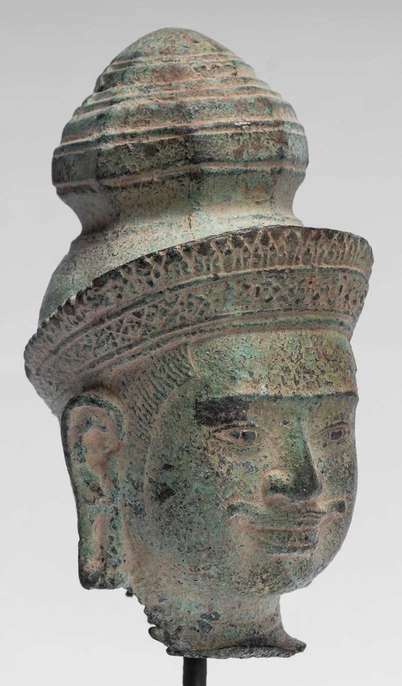 Vishnu Statue - Antique Preah-Ko Style Bronze Vishnu Head - Protector & Preserver - 21cm/8"