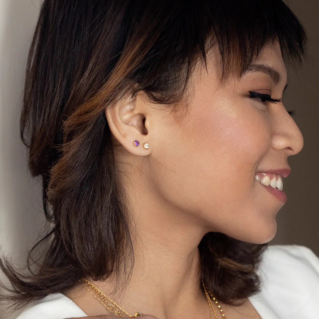 White Quartz Mini Stud Earrings | Gold - April